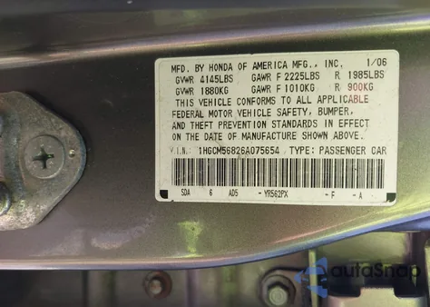 2006 Honda Accord 2.4 Ex из США, поврежденный, VIN 1HGCM56826A075654